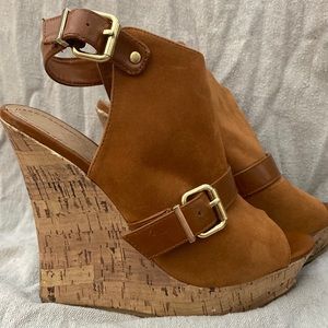 Camel faux suede wedges